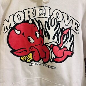 LONELY GHOST White Hoodie with Red Devil Graphic
